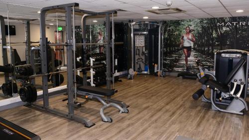 a gym with tread machines and a painting on the wall at Holiday Inn Telford Ironbridge by IHG in Telford