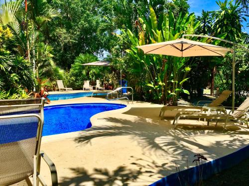 
a beach with umbrellas and a pool at Hotel El Encanto in Cahuita
