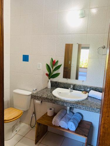 a bathroom with a sink and a toilet and a mirror at Pousada Perola da Barra in Barra Grande