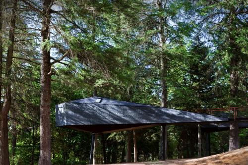 a black house in the middle of a forest at Pedras Salgadas Spa & Nature Park in Pedras Salgadas