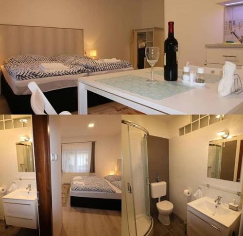 two pictures of a bathroom with a bed and a sink at Szent Iván Apartman in Eger