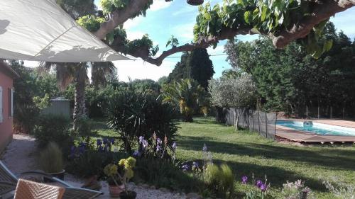 a yard with a swimming pool and a garden with flowers at Mas Uranie in Le Soler