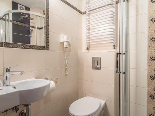 a bathroom with a toilet and a sink and a shower at Villa Magnat SPA, JACUZZI, SAUNA, TĘŻNIA SOLANKOWA in Białka Tatrzanska