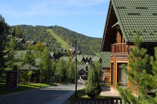 Blick auf eine Stadt mit einem Berg in der Unterkunft Bukovel Hotel in Bukowel