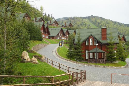 a small village with houses and a winding road at Bukovel Hotel in Bukovel