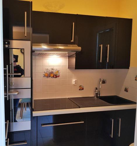 une cuisine avec des armoires noires et un four à plaques de cuisson dans l'établissement Appartement Cabourg près de la plage, à Cabourg