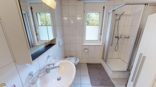 a bathroom with a sink and a shower and a toilet at Zum Chrachu in Blatten bei Naters