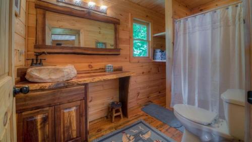 a bathroom with a sink and a toilet in a log cabin at Southern Comfort in Morganton