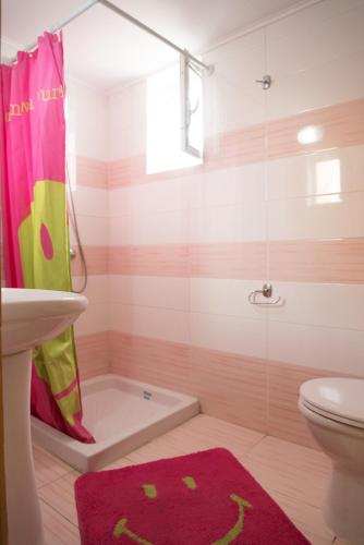 a bathroom with a shower and a sink and a toilet at Home Style Apartment in Lefkimmi