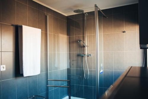 a bathroom with a shower with a glass door at Residentie Duindoorn in Koksijde