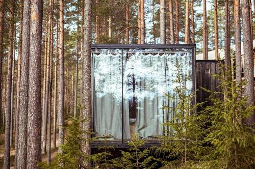 a outhouse in the middle of a forest of trees at Greenvald Park Scandinavia in Ogon'ki
