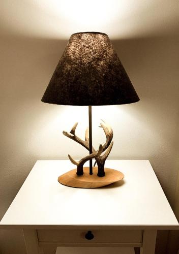 a lamp on top of a white table with a lamp at Ferienwohnung Fichtelzauber in Mehlmeisel