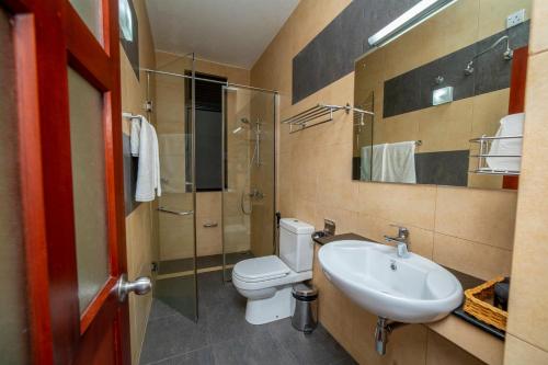 a bathroom with a toilet and a sink and a shower at Spring Villas Kandy in Kandy