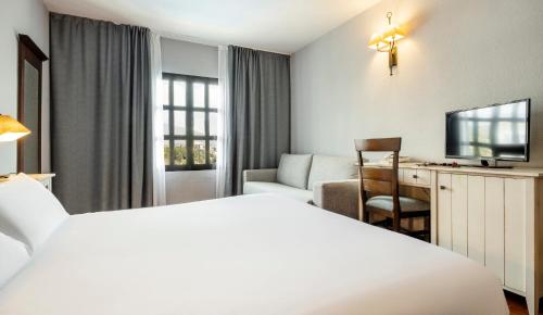 a hotel room with a bed and a desk and a television at Ilunion Hacienda de Mijas in Mijas