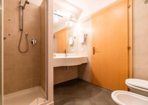 a bathroom with a shower and a sink and a toilet at Ambiez Residencehotel in Madonna di Campiglio