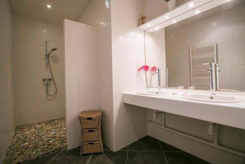 een badkamer met 2 wastafels, een douche en een spiegel bij Les Terrasses Du Grand Large Bord de Mer in Palavas-les-Flots