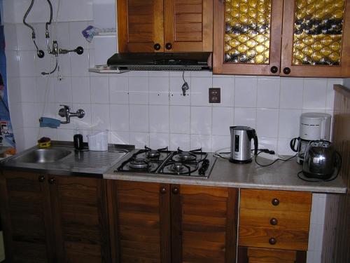 uma cozinha com uma placa de fogão e um lavatório em Penzion Mikeš em Pec pod Sněžkou