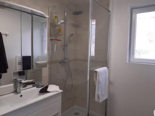 W łazience znajduje się szklana kabina prysznicowa i umywalka. w obiekcie Entre mer et remparts w mieście Boulogne-sur-Mer