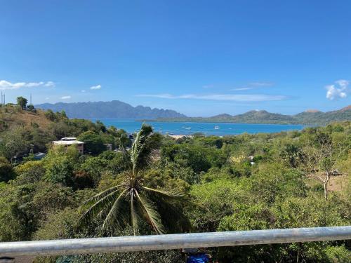 a view of the ocean and a palm tree at Outpost Hostel - Coron in Coron