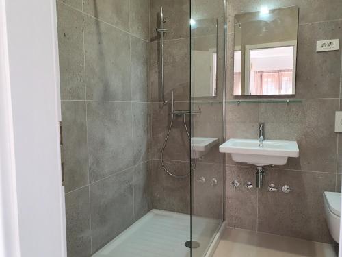 a bathroom with a shower and a sink at Vila Rosa in Portorož