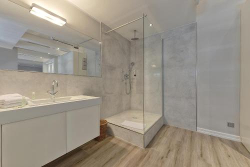 a bathroom with a shower and a sink at Living am Carlsplatz Apartment in Düsseldorf