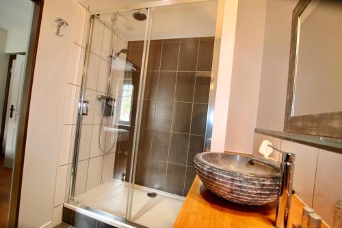 a bathroom with a sink and a shower at LES ÉCRINS - B&B with jacuzzi in Orbey