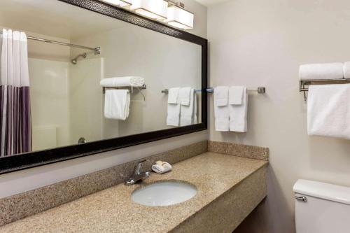 baño con lavabo y espejo grande en La Quinta by Wyndham Milwaukee Bayshore Area en Glendale