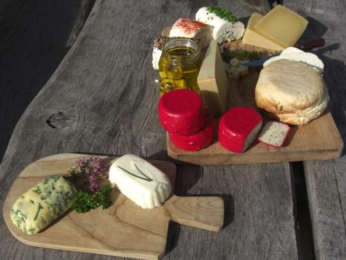 two wooden cutting boards with different types of cheese at Straniger Alm in Stranig