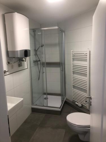 a bathroom with a shower and a toilet and a sink at City Rooms in Goch