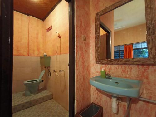 a bathroom with a sink and a toilet and a mirror at Lovina Central Hostel in Lovina