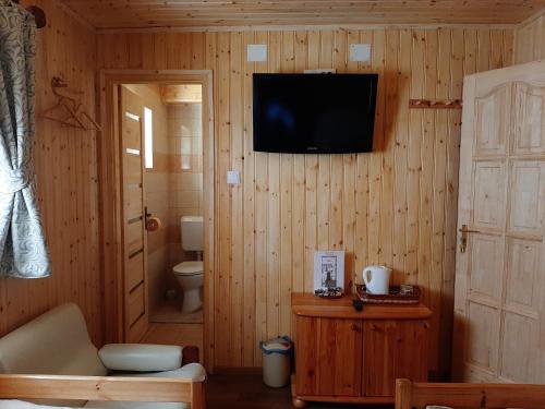 a living room with a television on a wooden wall at Kiskastély Fogadó-Étterem in Füzesgyarmat
