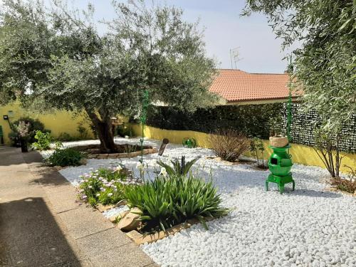 a garden with a green statue in front of a house at Artistika Golden Apartment in Capitana