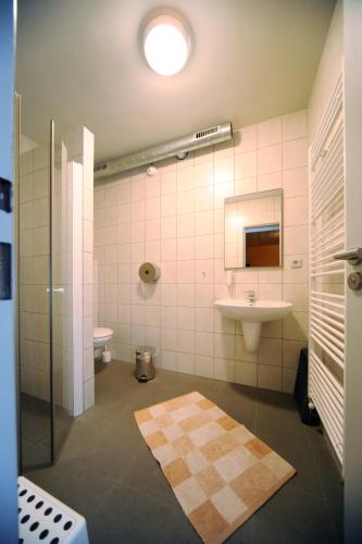 a bathroom with a sink and a toilet and a mirror at Lesní Chata in Bedřichov