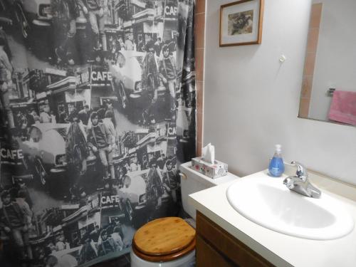 a bathroom with a toilet and a sink and a shower curtain at Nice Bunk Bed in Whitehorse
