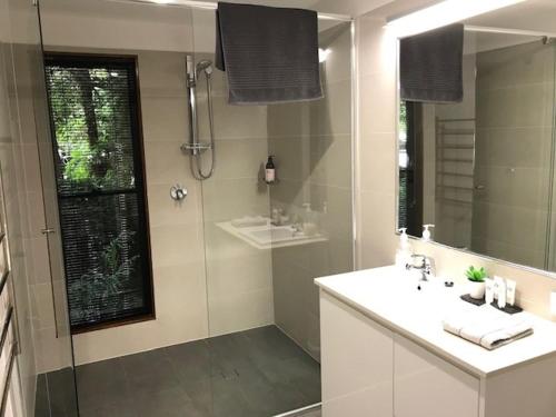 a bathroom with a shower and a sink and a mirror at Springbrook25 Pet friendly House in Springbrook