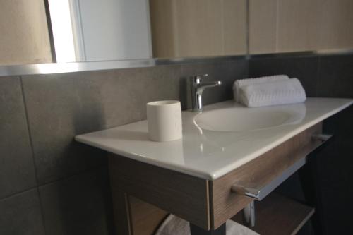 een wastafel met een rol toiletpapier erop bij Hotel Bienestar Termas De Vizela in Vizela
