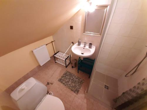 an overhead view of a bathroom with a toilet and sink at Penzion a Chatový Camp Havraníky u NP Podyjí in Havraníky