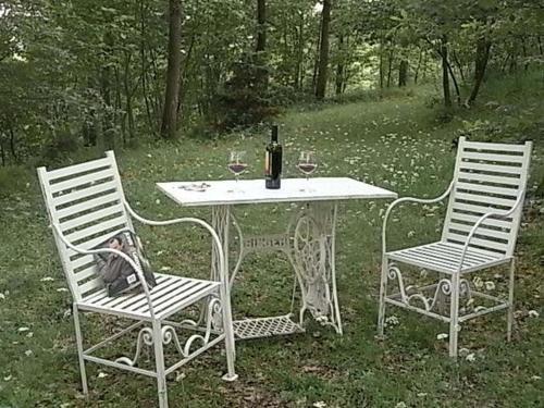 two chairs and a table with two glasses of wine at B&B Bosco Dei Cervi in Grizzana