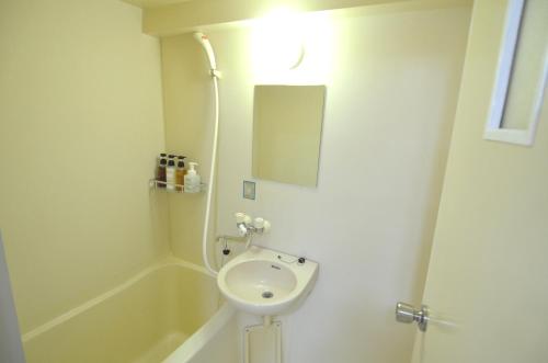 a bathroom with a sink and a mirror and a tub at Comfort CUBE PHOENIX MIYAZAKI in Miyazaki
