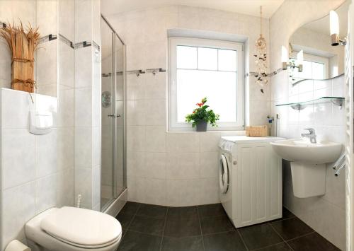 W łazience znajduje się toaleta, umywalka i prysznic. w obiekcie Reihenhäuser Timmendorf Strand Haus Sonnenaufgang w mieście Wyspa Poel