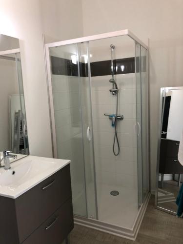 La salle de bains est pourvue d'une douche et d'un lavabo. dans l'établissement L’APPART23, à Châlons-en-Champagne