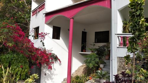 ein weißes und rosafarbenes Gebäude mit Blumen und Pflanzen in der Unterkunft Damontanha 2 in Ribeira Grande