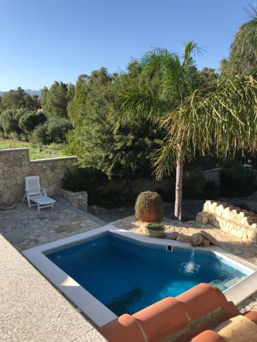 a swimming pool in a yard with a palm tree at Villa Antonella in Villasimius