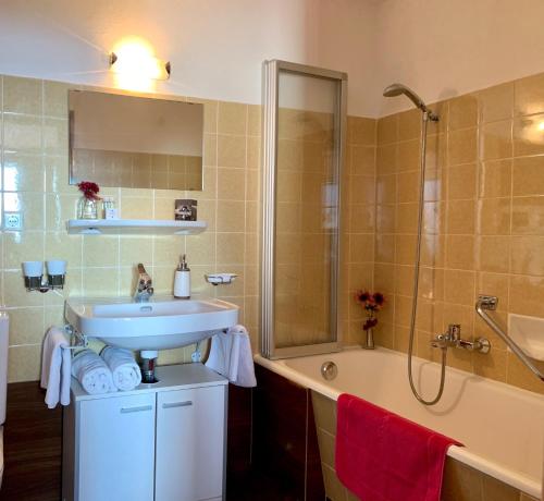 La salle de bains est pourvue d'un lavabo, d'une douche et d'une baignoire. dans l'établissement Haus Lukas, à Seefeld in Tirol