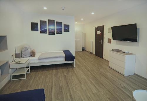 Habitación de hotel con cama y TV en CityPension-Vreden, en Vreden