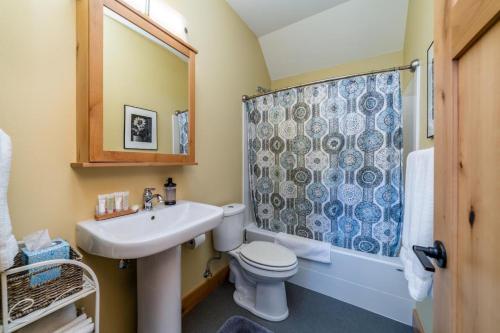 La salle de bains est pourvue d'un lavabo, de toilettes et d'une douche. dans l'établissement Cabernet Cottage #8, à Chelan