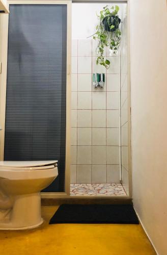a bathroom with a shower with a toilet at Refugio del Cielo # in Sayulita
