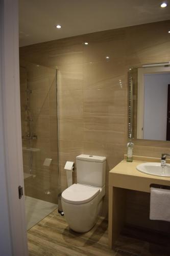 a bathroom with a toilet and a sink and a shower at Hotel Restaurante Racha in Endrinal