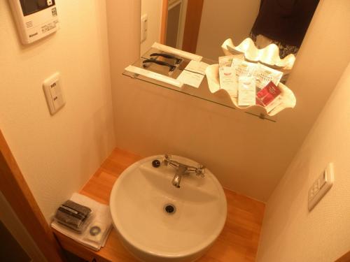 a bathroom with a white sink and a mirror at B&BHOUSE FAM in Ichinomiya