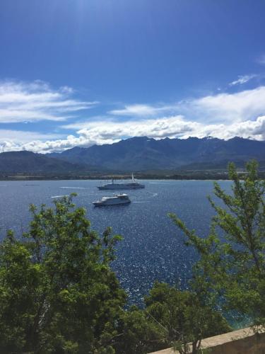 a boat in a large body of water with mountains at Grand Hôtel De Calvi in Calvi